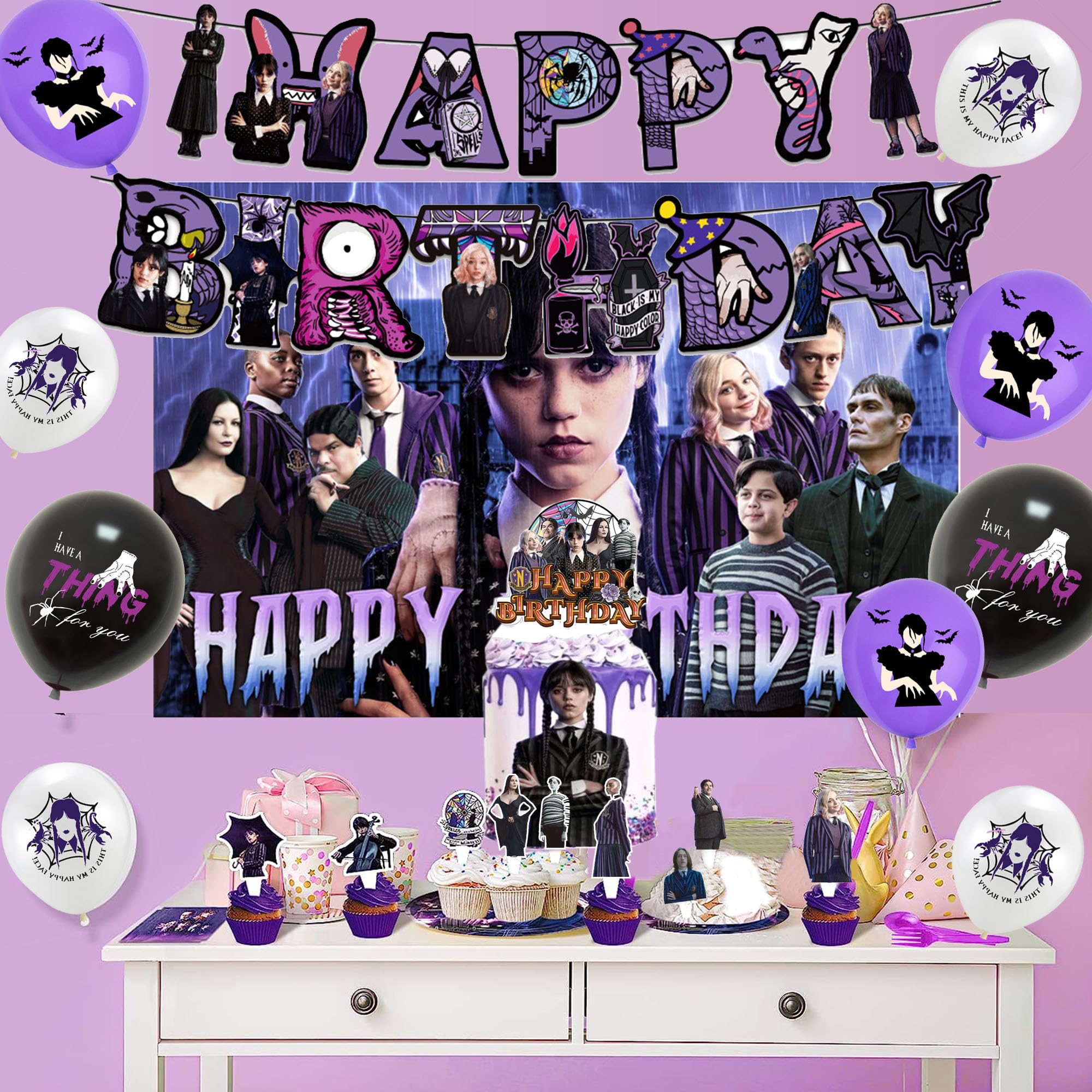 Wednesday Addams Birthday Supplies -Wednesday Birthday Party Decorations include Happy Birthday Banner, Tableware Set, Tablecloth, Backdrop, Cake Toppers, Cupcake Toppers, Latex Balloons