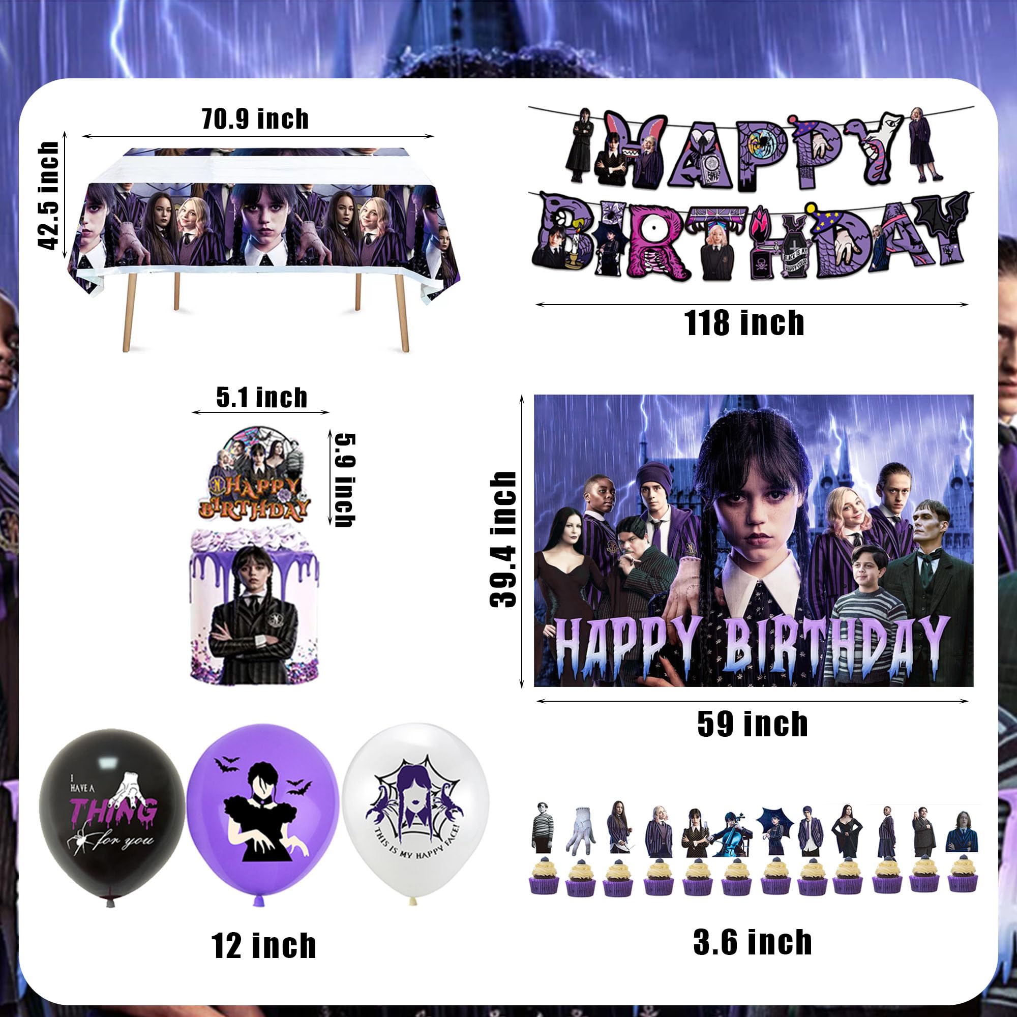 Wednesday Addams Birthday Supplies -Wednesday Birthday Party Decorations include Happy Birthday Banner, Tableware Set, Tablecloth, Backdrop, Cake Toppers, Cupcake Toppers, Latex Balloons