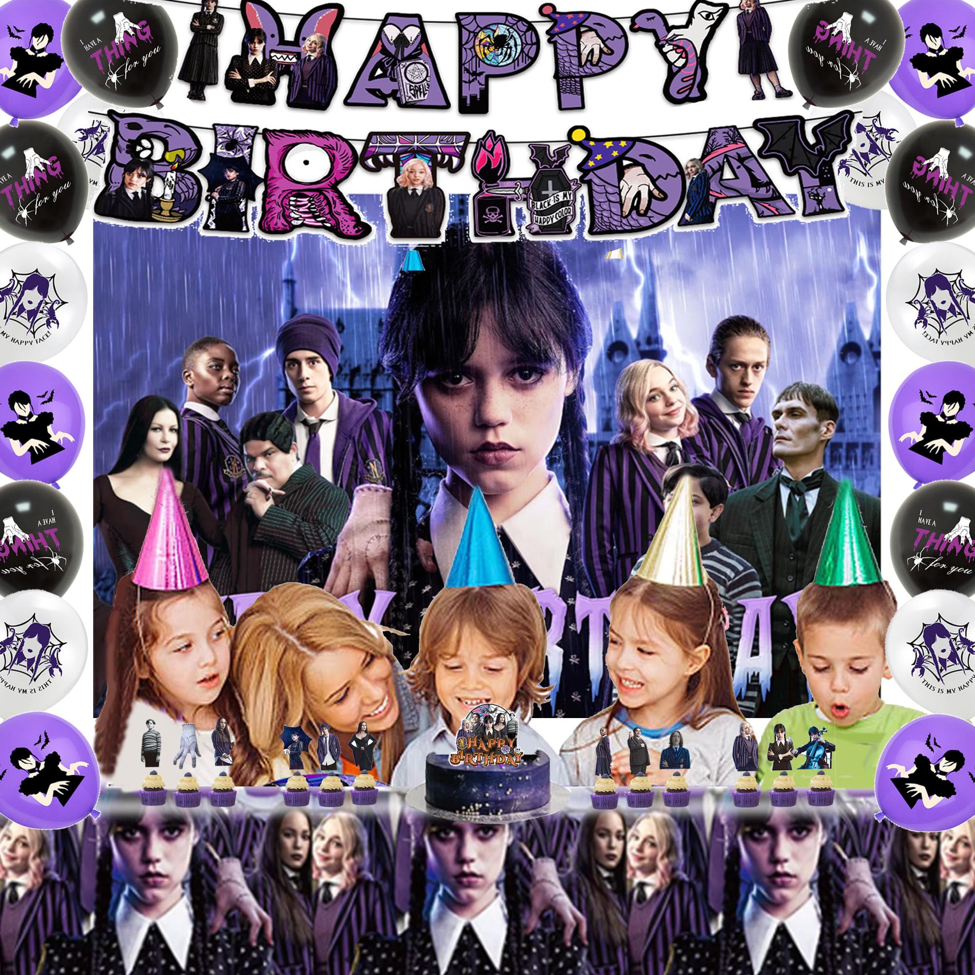 Wednesday Addams Birthday Supplies -Wednesday Birthday Party Decorations include Happy Birthday Banner, Tableware Set, Tablecloth, Backdrop, Cake Toppers, Cupcake Toppers, Latex Balloons