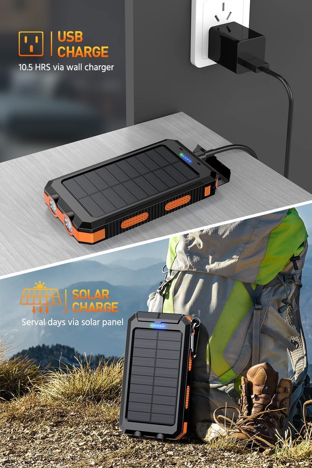 Mregb Power Bank,Solar Charger,36800mAh 5V3.1A QC 3.0 Dual 2 USB Port Built-in Powerful Flashlight IPX7 Waterproof Dustproof Shockproof(Deep Orange)