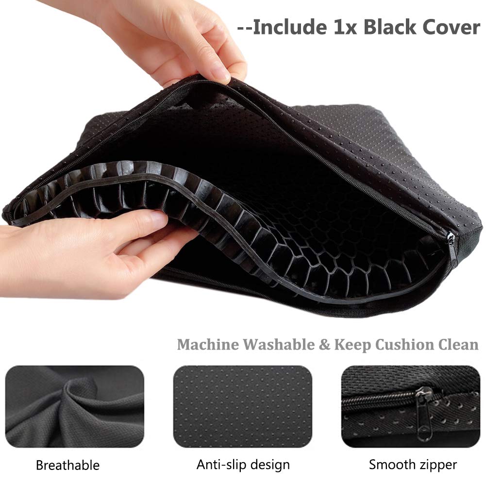 Gel Seat Cushion for Long Sitting, Double Thick Egg Seat Cushion with Non-Slip Cover, Breathable Honeycomb Home Office Chair Pads Wheelchair Cushion for Relieving Back Pain & Sciatica Pain (Black)