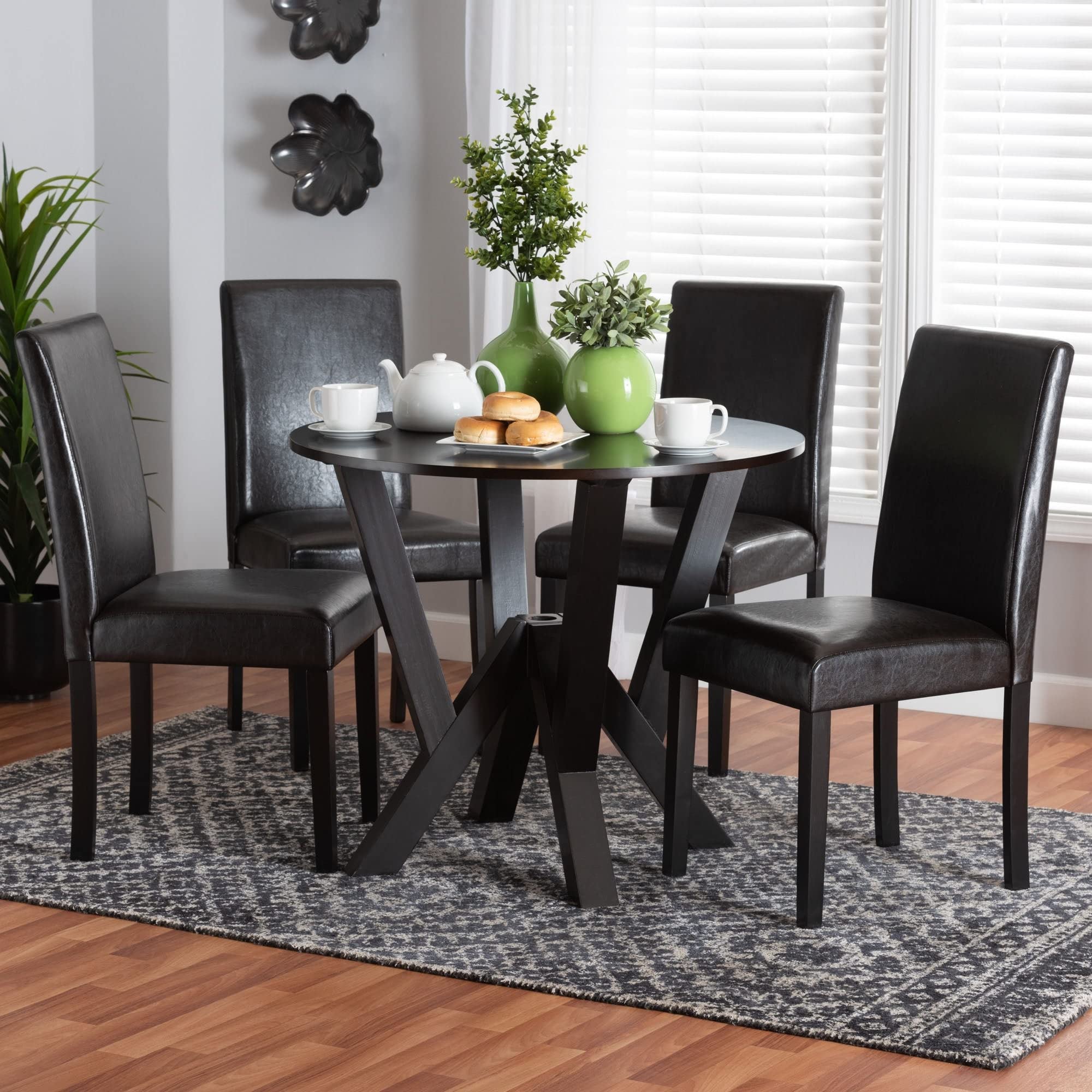 Modern Brown Leather and Wood 5-Piece Dining Set Upholstered