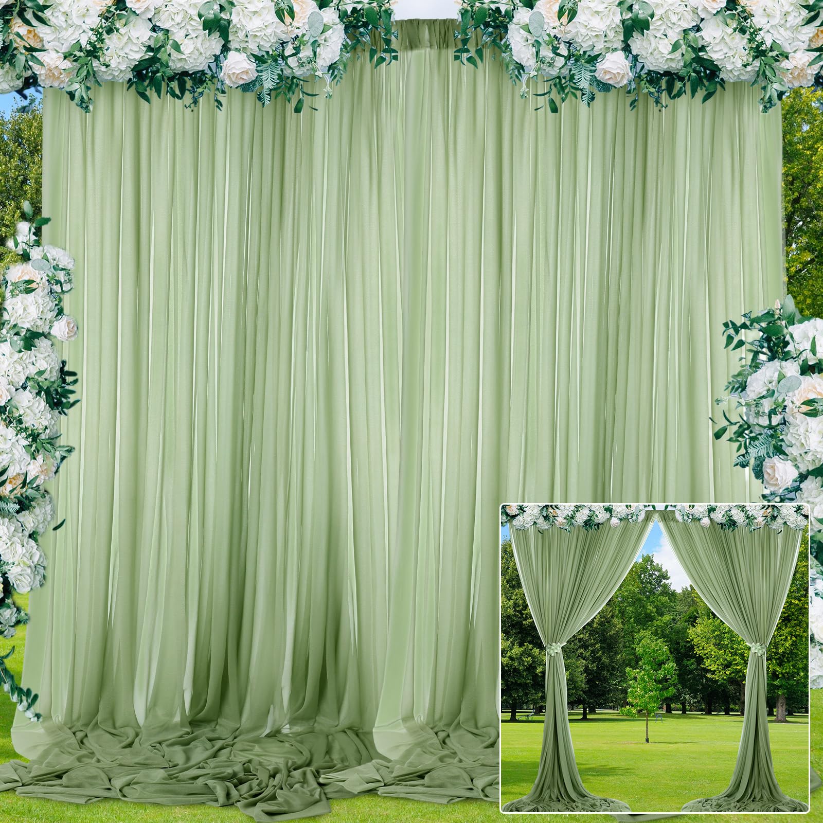 BBTO 2 Panels Sage Green Curtains for Parties Wedding Green Backdrop Curtains Polyester Wrinkle Free Window Curtains for Ceremony Birthday Bridal Shower Graduation Decorations 5ft x 10ft