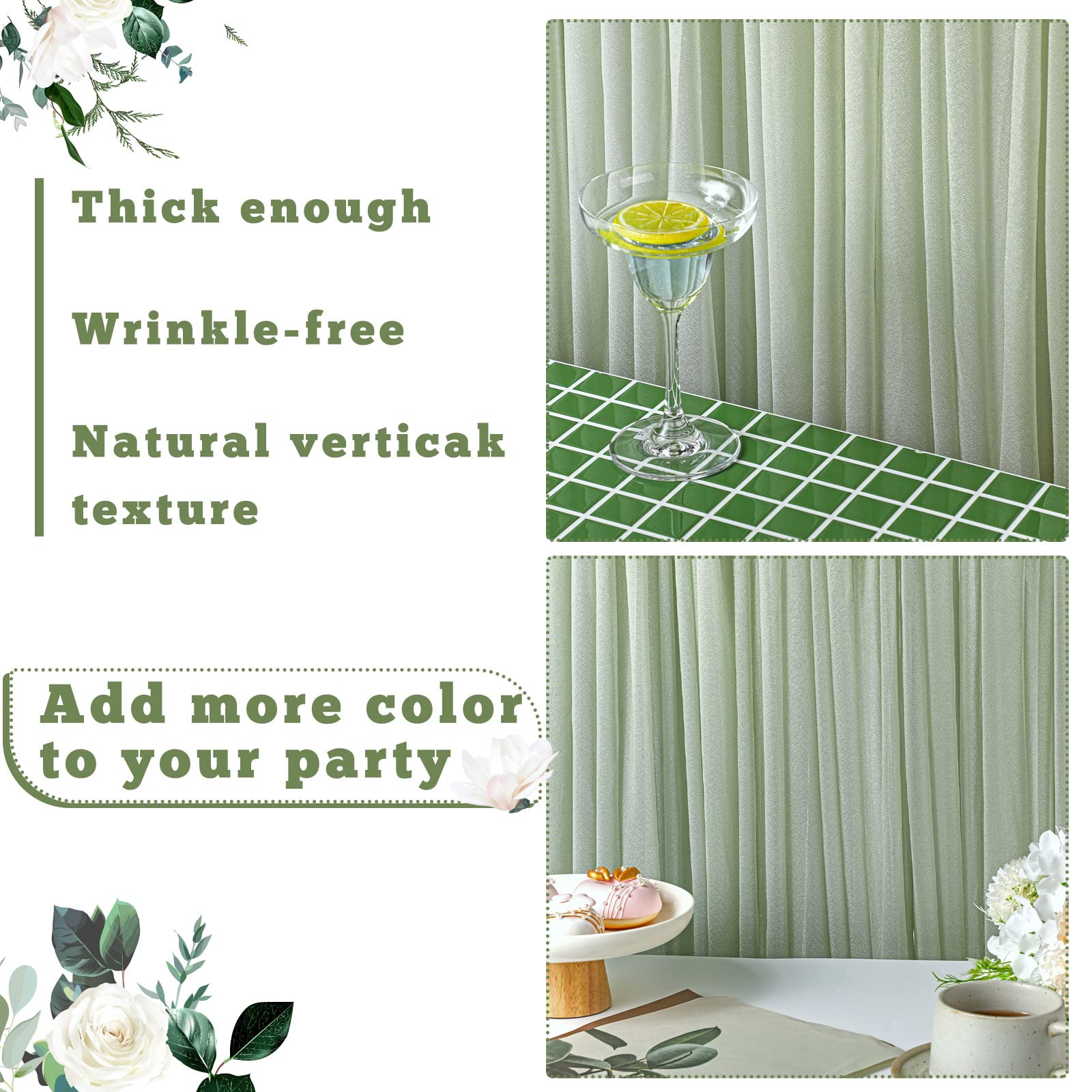 BBTO 2 Panels Sage Green Curtains for Parties Wedding Green Backdrop Curtains Polyester Wrinkle Free Window Curtains for Ceremony Birthday Bridal Shower Graduation Decorations 5ft x 10ft