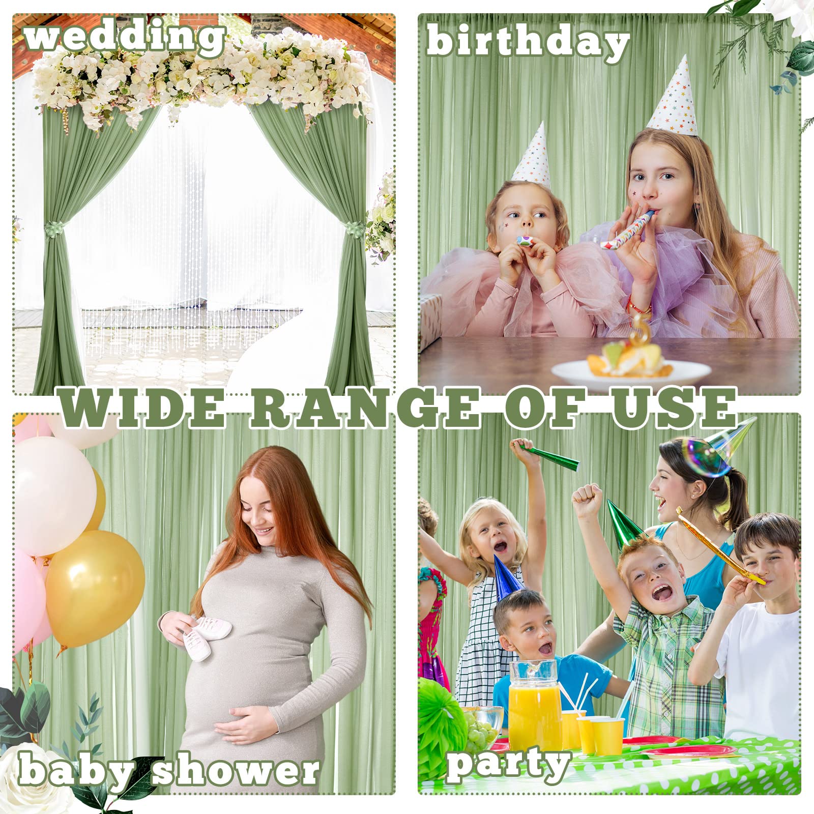 BBTO 2 Panels Sage Green Curtains for Parties Wedding Green Backdrop Curtains Polyester Wrinkle Free Window Curtains for Ceremony Birthday Bridal Shower Graduation Decorations 5ft x 10ft