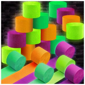 20 rolls blacklight streamers, neon party decorations 1640 ft glow in the dark party crepe paper, halloween glow party supplies for various large hanging party backdrop diy decoration 82ft/roll