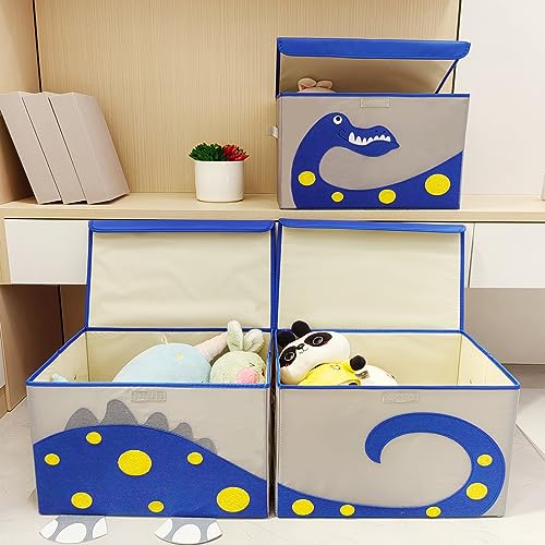 ASKETAM Kid Large Dinosaur Toy Box for Boy and Girl Cute Toddler Toy Storage Bin with Lid Baby Toy Chest Room Decor Organizer Basket (Blue)