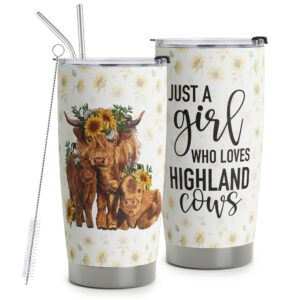 homisbes highland cow gifts for women - scottish highland cow coffee travel mug - just a girl who loves highland cows cups decor - stainless steel tumbler 20oz with lid and straw