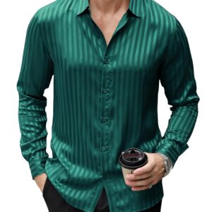 URRU Men's Striped Dress Shirts Green Satin Shirt Casual Luxury Long Sleeve Button Down Wedding Shirt Party Prom Shirt Dark Green XL