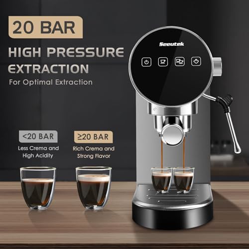 Seeutek Espresso Machine, 20 BAR Espresso Maker with Milk Frother Steam Wand, Compact Espresso Coffee Machine with Digital Touch Panel, 1350W, Cappuccino/Latte Machine for Home and Office