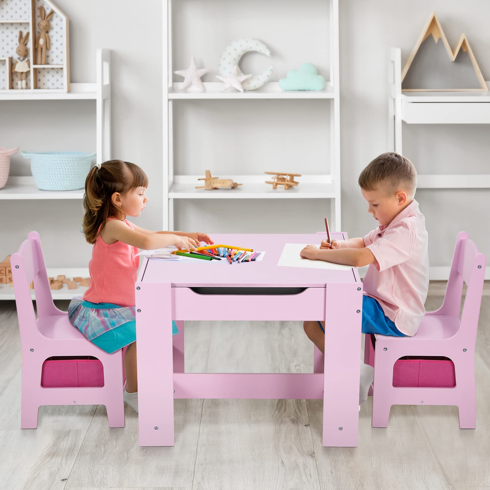 Arlopu Kids Table and 2 Chairs Set, 3-in-1 Wooden Activity Table, w/Detachable Storage Drawer, Drawing Reading Black Board Desk, Art Craft, Playroom, Nursery (Natural)