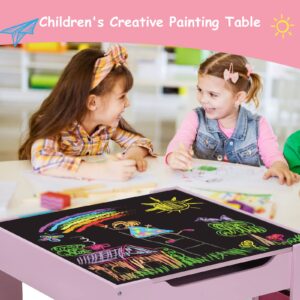 Arlopu Kids Table and 2 Chairs Set, 3-in-1 Wooden Activity Table, w/Detachable Storage Drawer, Drawing Reading Black Board Desk, Art Craft, Playroom, Nursery (Natural)