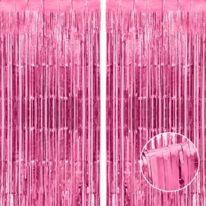 thicken pink foil fringe curtains decorations 3.2x8.2ft - 2 pack, photo backdrop for birthday bachelorette bridal shower baby shower graduation party, party streams decor