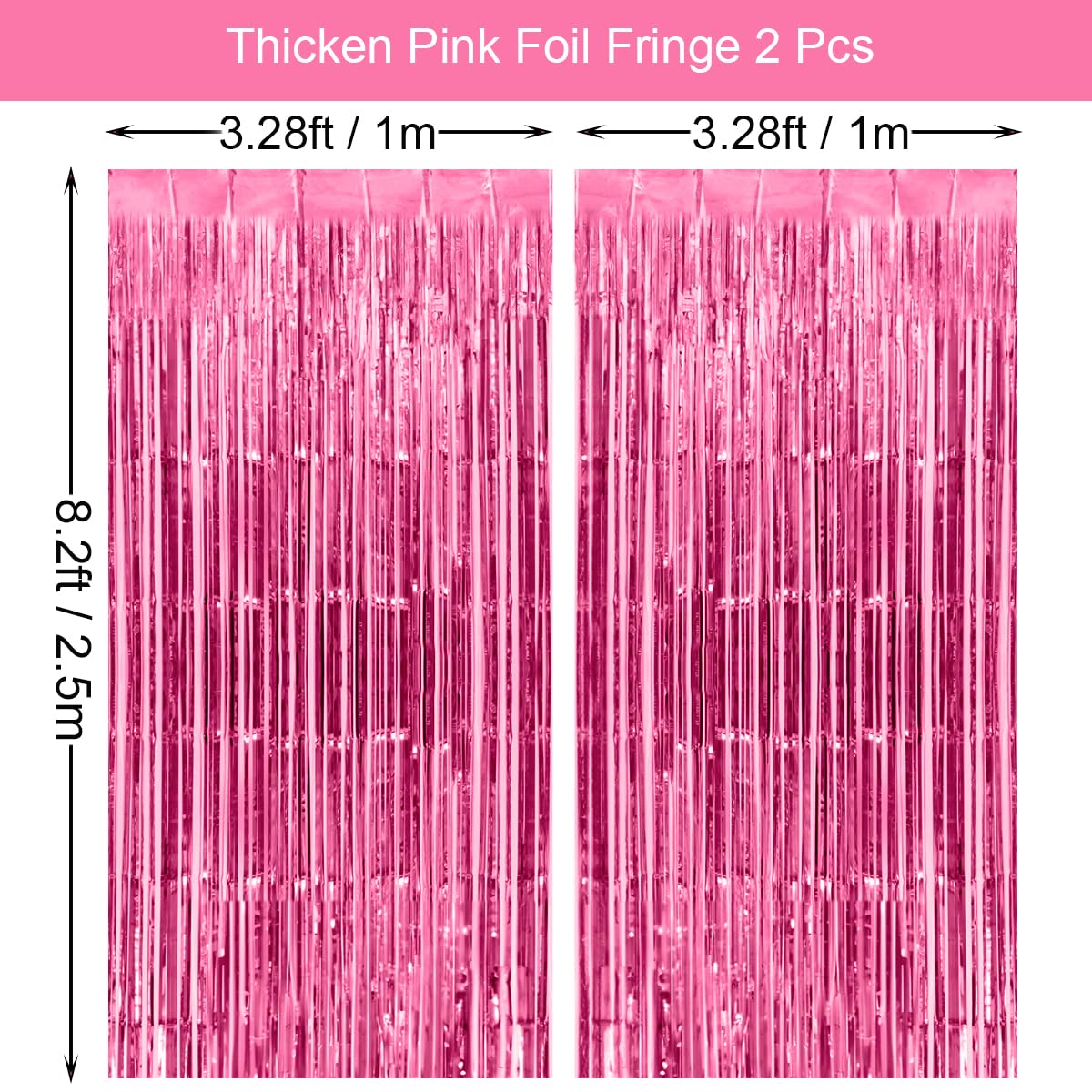 Thicken Pink Foil Fringe Curtains Decorations 3.2x8.2ft - 2 Pack, Photo Backdrop for Birthday Bachelorette Bridal Shower Baby Shower Graduation Party, Party Streams Decor