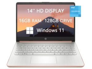 hp 14 hd laptop, 2023 newest upgrade, intel celeron n4120(quad-core), 16gb ram, 128gb(64gb ssd+64gb card), hdmi, usb-c, lightweight, windows 11, school and business ready, rose gold, rokc hdmi cable