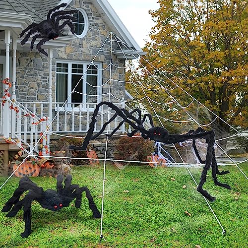 UNGLINGA Giant Spider Web Halloween Decorations Outdoor with 50inch & 30inch Large Spiders, Hanging Mega Huge Spider Web 2 Scary Fake Black Spiders for Yard Garden Outside House Indoor Decor
