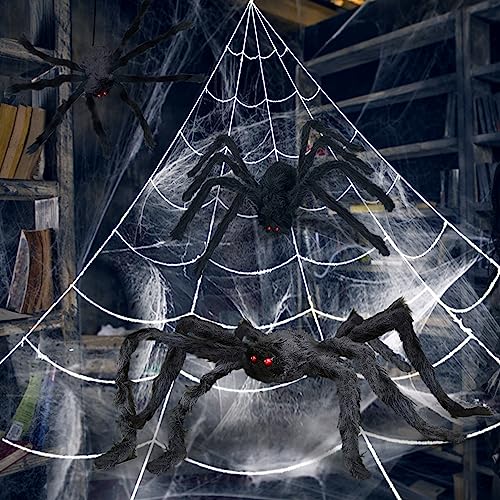 UNGLINGA Giant Spider Web Halloween Decorations Outdoor with 50inch & 30inch Large Spiders, Hanging Mega Huge Spider Web 2 Scary Fake Black Spiders for Yard Garden Outside House Indoor Decor