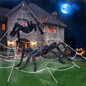 unglinga giant spider web halloween decorations outdoor with 50inch & 30inch large spiders, hanging mega huge spider web 2 scary fake black spiders for yard garden outside house indoor decor