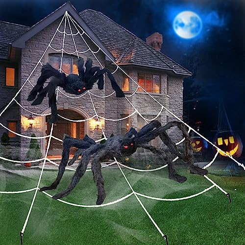 UNGLINGA Giant Spider Web Halloween Decorations Outdoor with 50inch & 30inch Large Spiders, Hanging Mega Huge Spider Web 2 Scary Fake Black Spiders for Yard Garden Outside House Indoor Decor