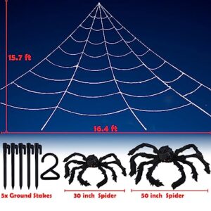 UNGLINGA Giant Spider Web Halloween Decorations Outdoor with 50inch & 30inch Large Spiders, Hanging Mega Huge Spider Web 2 Scary Fake Black Spiders for Yard Garden Outside House Indoor Decor