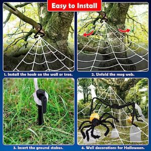 UNGLINGA Giant Spider Web Halloween Decorations Outdoor with 50inch & 30inch Large Spiders, Hanging Mega Huge Spider Web 2 Scary Fake Black Spiders for Yard Garden Outside House Indoor Decor