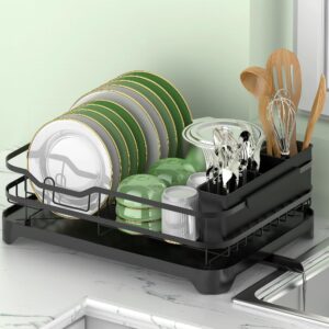 rottogoon dish drying rack, stainless steel rustproof dish rack for kitchen counter, sturdy dish drainer with drainboard, drainage, utensil holder for various kitchenware, 16.9"(l) x 12.2"(w), black