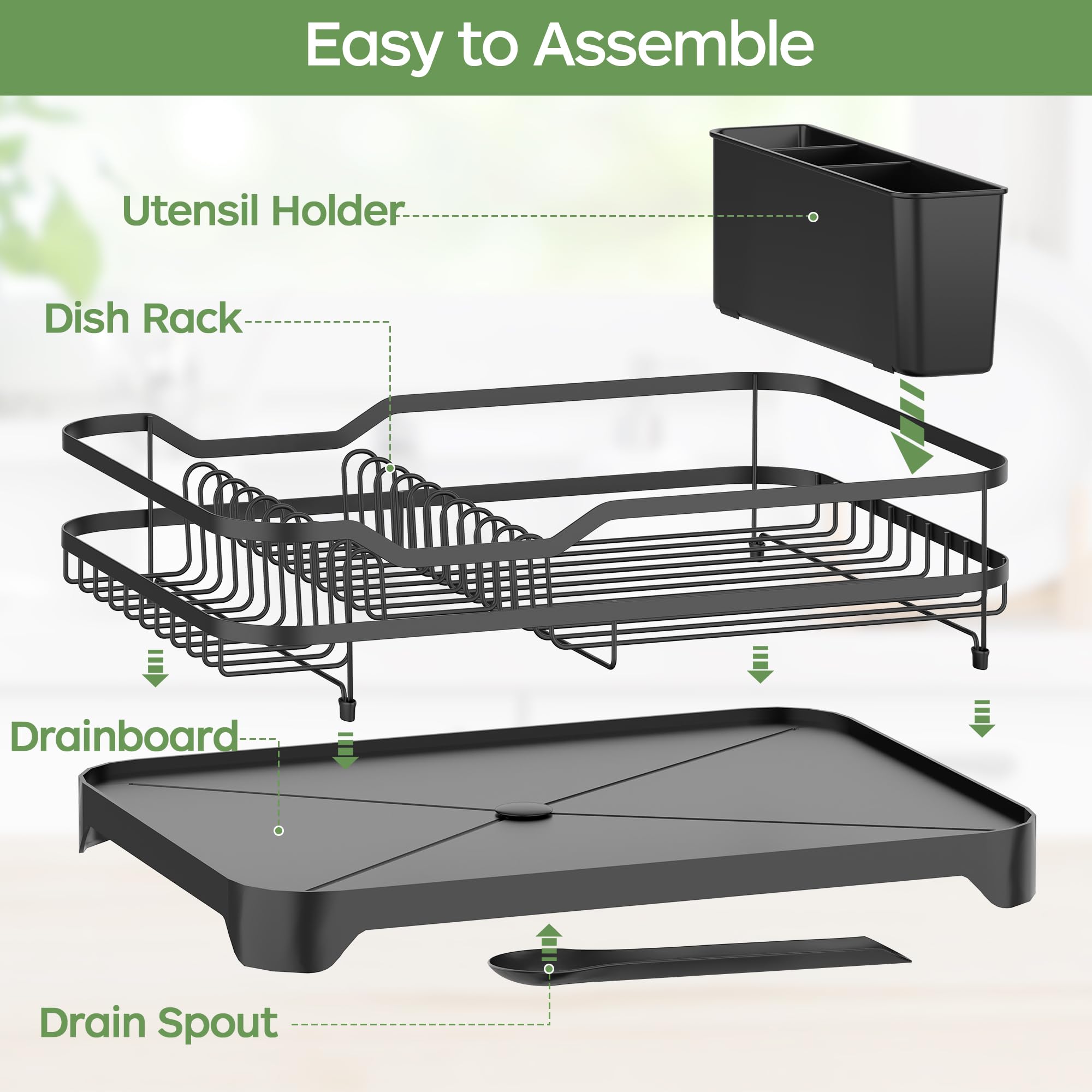 ROTTOGOON Dish Drying Rack, Stainless Steel Rustproof Dish Rack for Kitchen Counter, Sturdy Dish Drainer with Drainboard, Drainage, Utensil Holder for Various Kitchenware, 16.9"(L) x 12.2"(W), Black