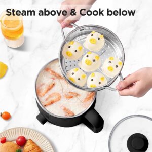 Topwit Hot Pot Electric with Steamer, 1.6L Ramen Cooker, Electric Pot for Pasta, Shabu-Shabu, Oatmeal, Soup and Egg, Electric Cooker with Dual Power Control, Dorm Room Essentials, Black