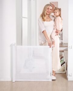 likzest retractable baby gate, mesh baby and pet gate 33" tall, extends up to 55" wide, child safety baby gates for stairs doorways hallways, dog gate cat gate for indoor and outdoor (white)