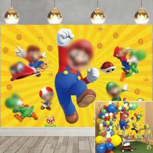 super brother backdrop cartoon yellow background decoration boy gold coin video game adventure kart theme party super bros uncle mushroom birthday banner shooting supplies (7x5ft(210x150cm))