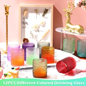 Norme 12 Pcs Colored Vintage Drinking Glasses Hobnail Beaded Glassware 12 oz Jupiter Glasses Fancy Textured Wine Glass Cups for Cocktail Water Iced Tea Juice Wedding Party Home (NOT Dishwasher Safe)