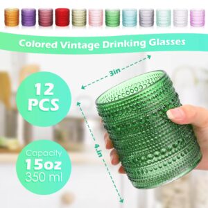 Norme 12 Pcs Colored Vintage Drinking Glasses Hobnail Beaded Glassware 12 oz Jupiter Glasses Fancy Textured Wine Glass Cups for Cocktail Water Iced Tea Juice Wedding Party Home (NOT Dishwasher Safe)