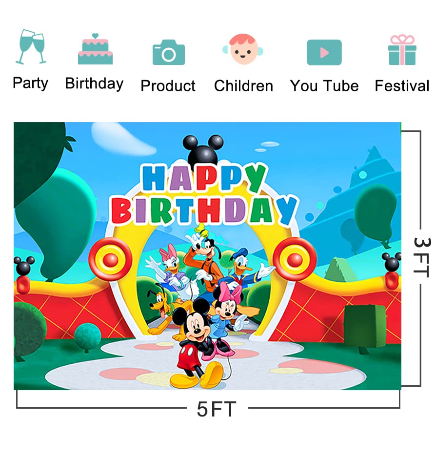 Mickey Mouse Clubhouse Backdrop for Birthday Party Supplies 5x3ft Park Photo Backgrounds Mickey Mouse Clubhouse Theme Baby Shower Banner for Birthday Cake Table Decoration