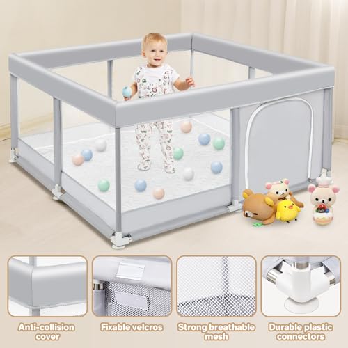 Baby Playpen with Mat, Zinvoda Play Pen for Babies Toddlers, BPA-Free Playard for Indoor & Outdoor Kids Activity Fence Center 49"x49"x25" with Anti-Slip Playmat