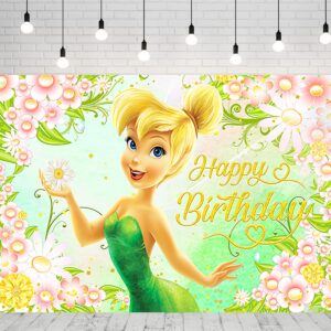 Green Tinkerbell Backdrop for Birthday Party Supplies 5x3ft Fairy Photo Backgrounds Fairy Theme Baby Shower Banner for Birthday Cake Table Decoration