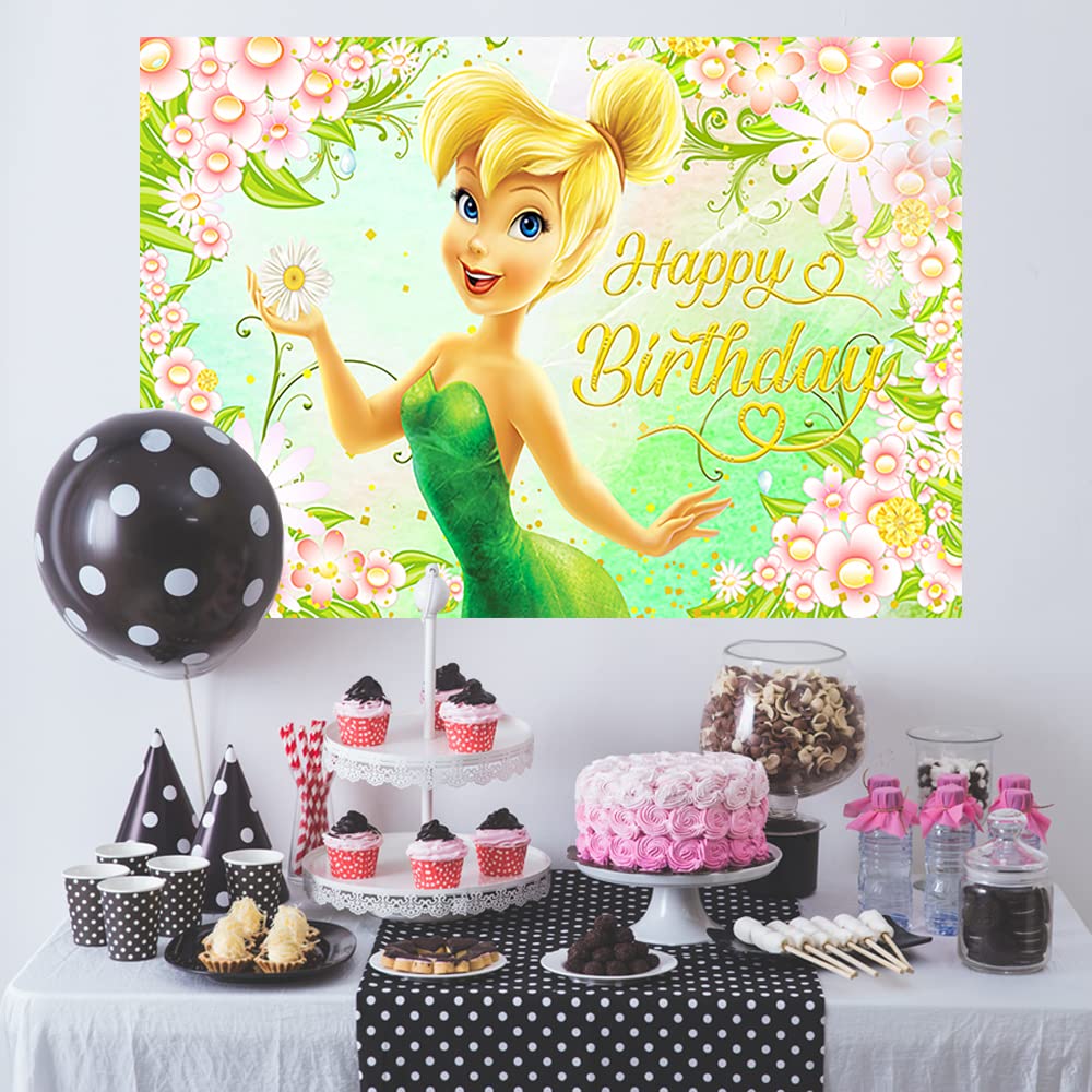 Green Tinkerbell Backdrop for Birthday Party Supplies 5x3ft Fairy Photo Backgrounds Fairy Theme Baby Shower Banner for Birthday Cake Table Decoration