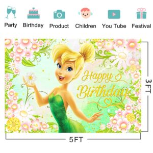 Green Tinkerbell Backdrop for Birthday Party Supplies 5x3ft Fairy Photo Backgrounds Fairy Theme Baby Shower Banner for Birthday Cake Table Decoration