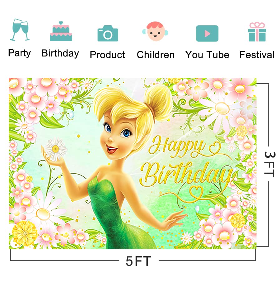 Green Tinkerbell Backdrop for Birthday Party Supplies 5x3ft Fairy Photo Backgrounds Fairy Theme Baby Shower Banner for Birthday Cake Table Decoration