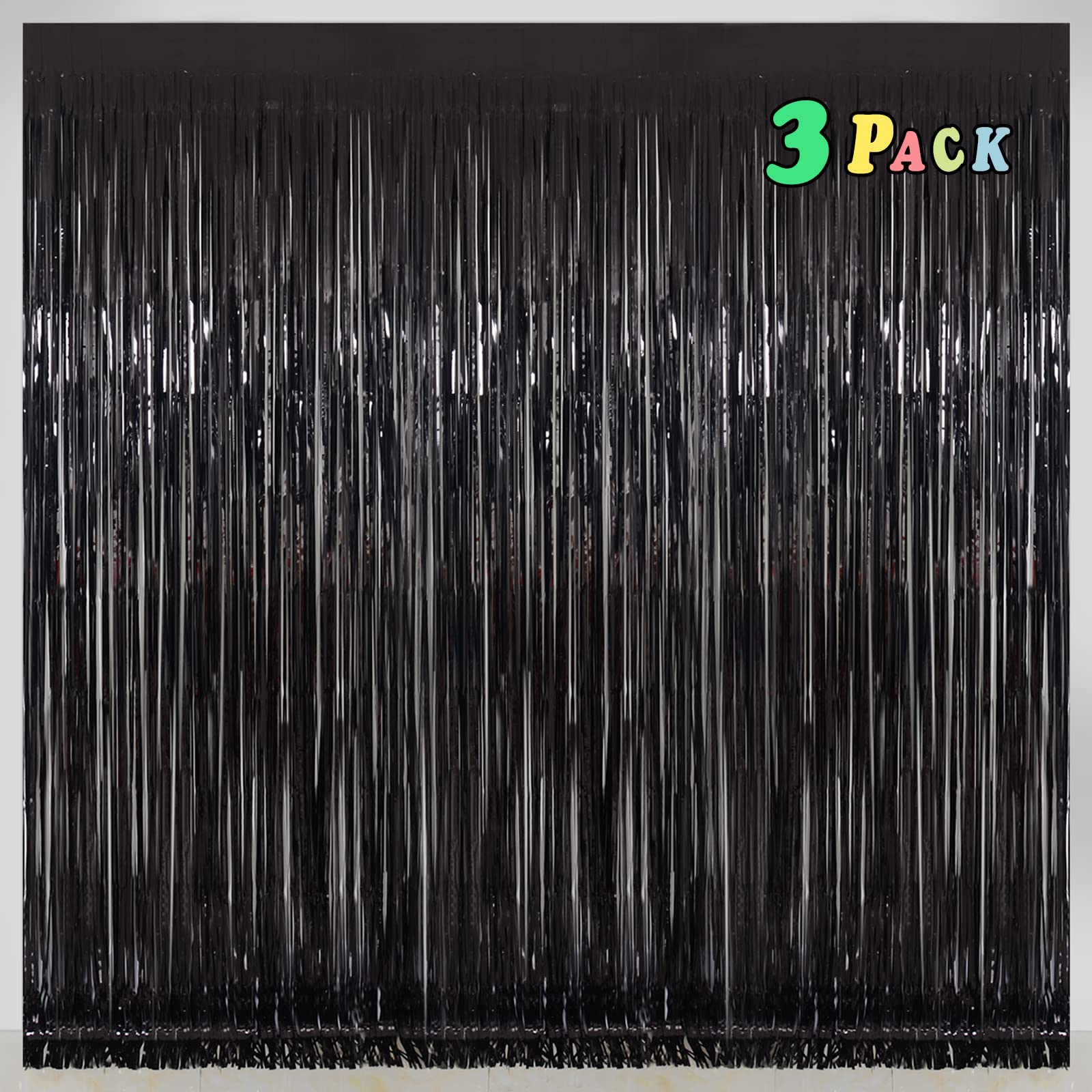 Black Tinsel Foil Fringe Curtain Backdrop，Melsan 3.2 x 8 ft Tinsel Curtains Party Backdrop for New Year Eve, Grad, Entirement,Holloween, Birthday Party Decoration for Men - 3 Packs