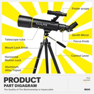 Telescope, 70mm Aperture 400mm, with Adjustable Tripod, Entry-Level, Ideal Choice for Family, Adults, and Children's Education, Includes Extra Finder Scope, Barlow Lens, Carry Bag, and Phone Adapter