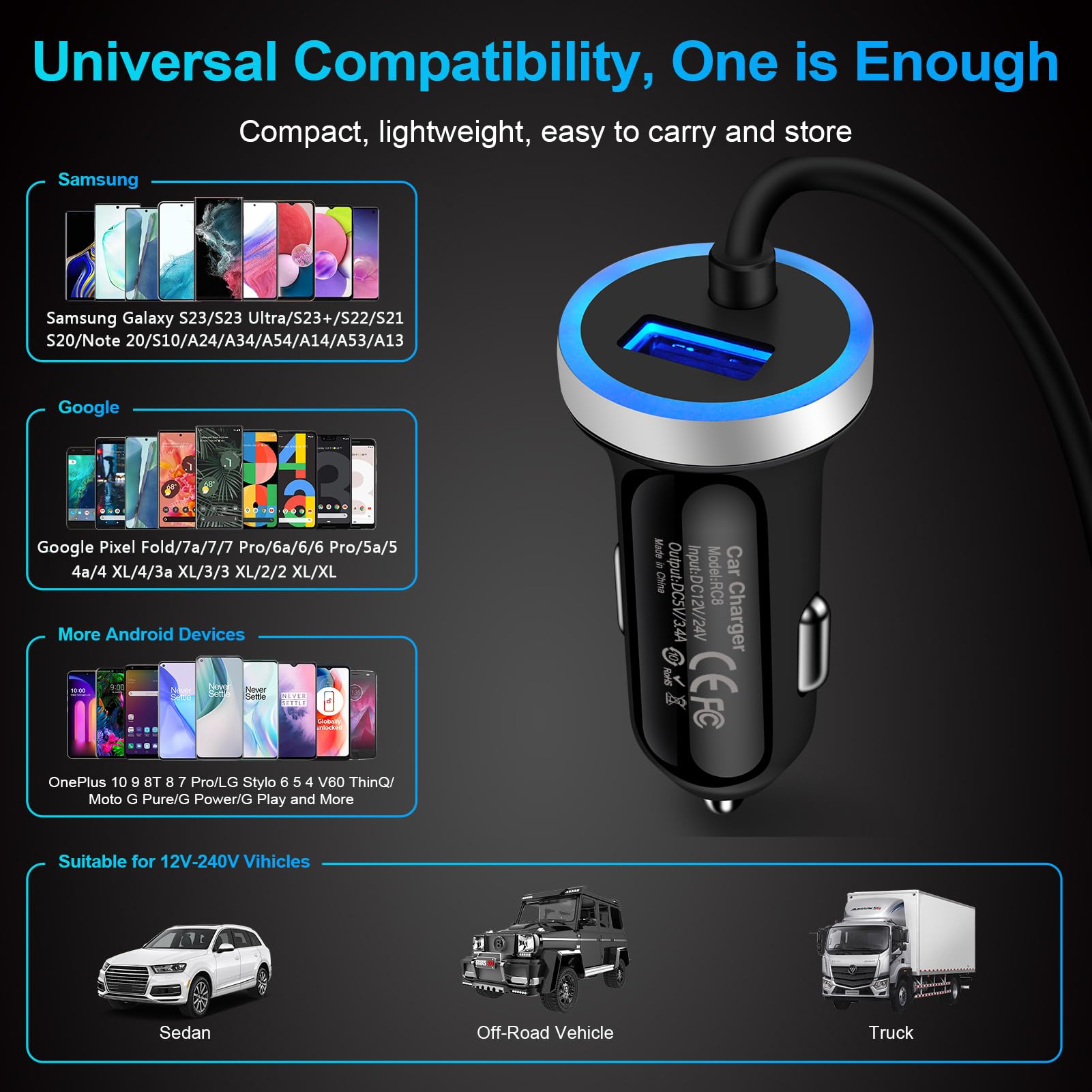 Android Car Charger Fast Charging Cord Type C Cigarette Lighter Adapter with Android USB C Coiled Cable for Samsung Galaxy A14 5G A54 A53 A23 A13 A12 A32 Z Flip 5/4/3 Z Fold 5/4/3 S24 S23 S22 S21 S20