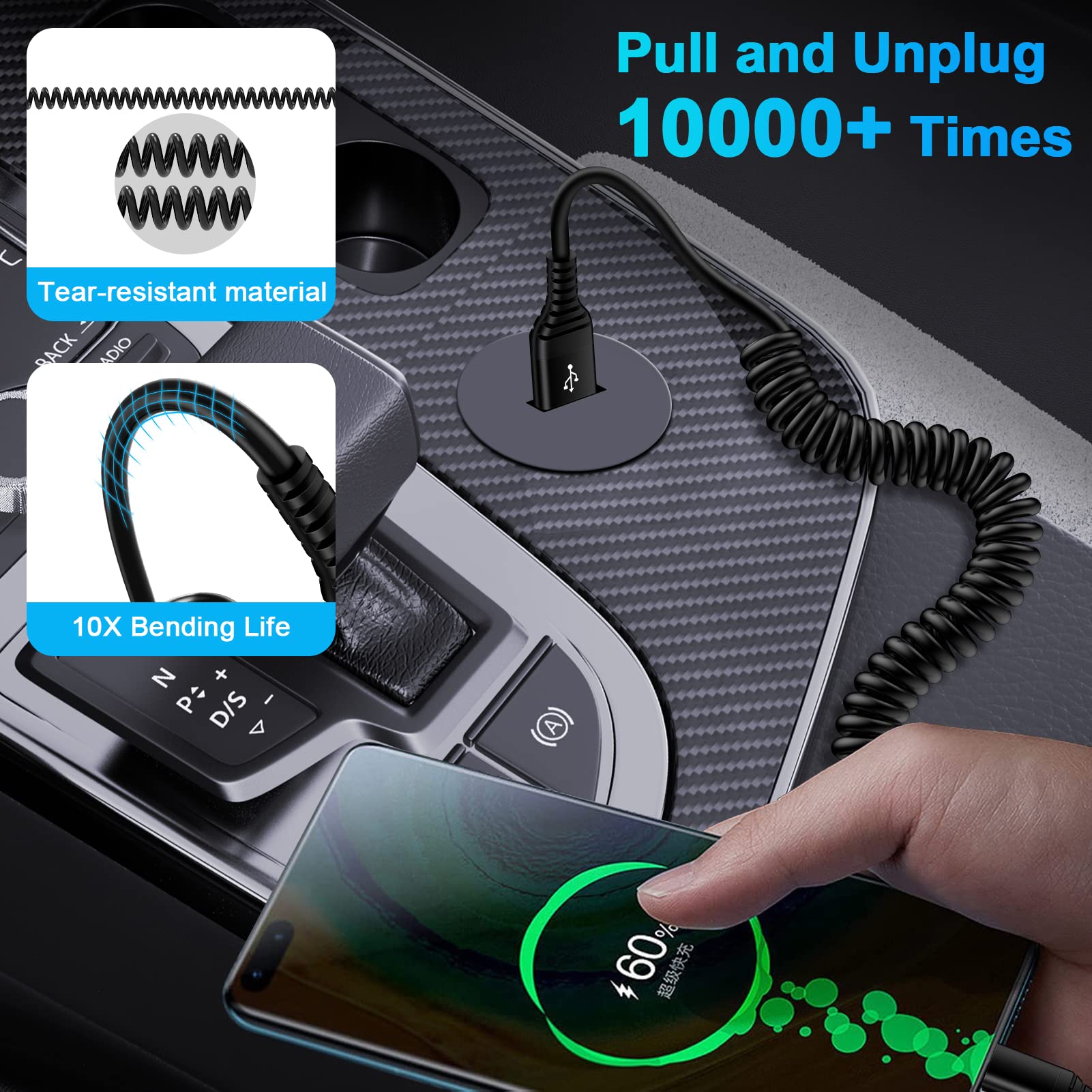 Android Car Charger Fast Charging Cord Type C Cigarette Lighter Adapter with Android USB C Coiled Cable for Samsung Galaxy A14 5G A54 A53 A23 A13 A12 A32 Z Flip 5/4/3 Z Fold 5/4/3 S24 S23 S22 S21 S20