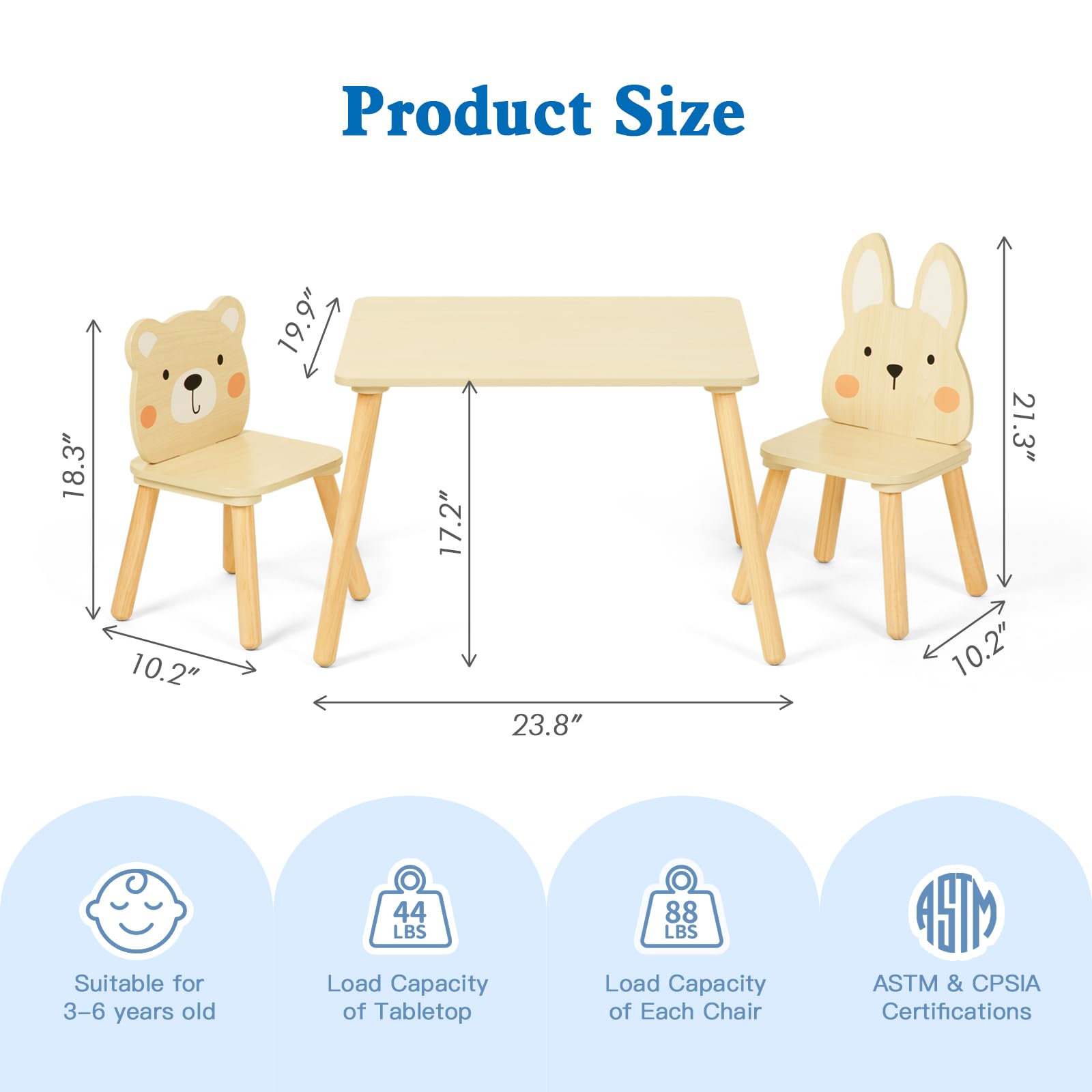 OOOK Kids Wood Table and Chair Set - Including 2 Animal Chairs - Waterproof Desktop - Adorable Toddler Table Chairs Set for Eating, Snack Time and Play Games