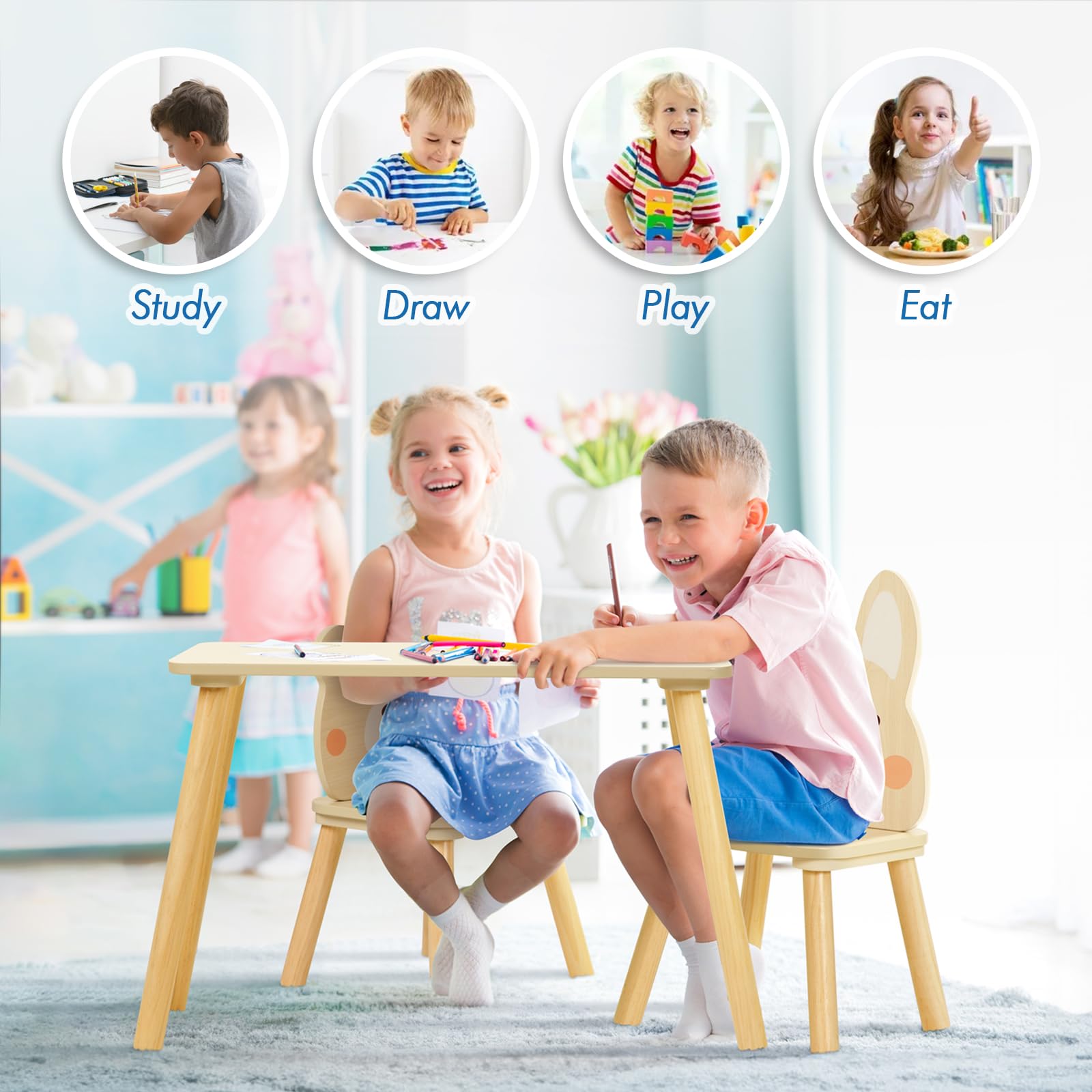 OOOK Kids Wood Table and Chair Set - Including 2 Animal Chairs - Waterproof Desktop - Adorable Toddler Table Chairs Set for Eating, Snack Time and Play Games