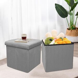 Babion Velvet Storage Ottoman Cube, Folding Tufted Ottoman with Storage Square, Small Foot Rest Ottoman with Foam Padded Seat, Light Grey 12 Inches