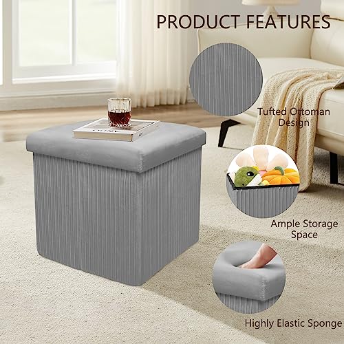 Babion Velvet Storage Ottoman Cube, Folding Tufted Ottoman with Storage Square, Small Foot Rest Ottoman with Foam Padded Seat, Light Grey 12 Inches