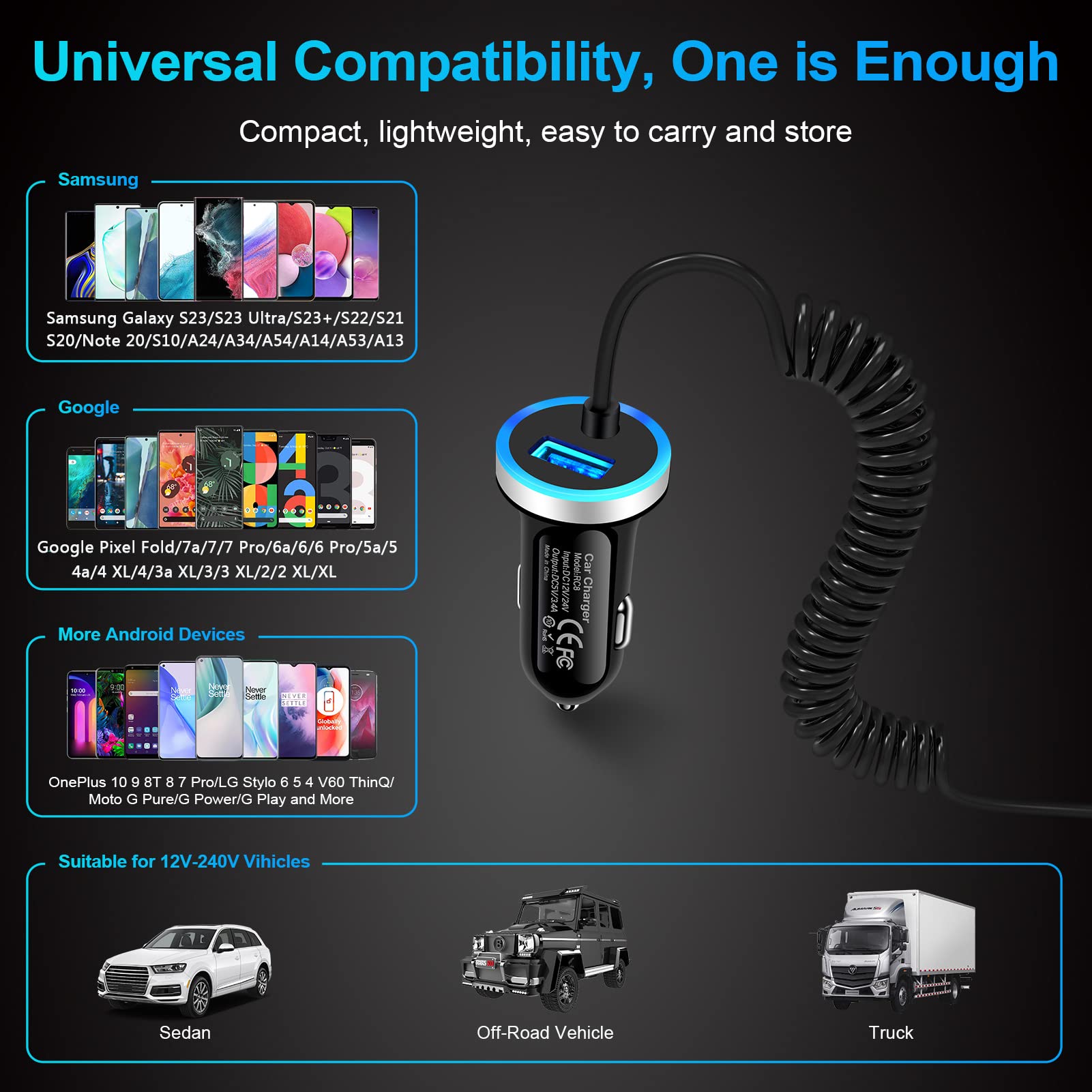 Android Car Charger Type C Cigarette Lighter Adapter with USB C Coiled Fast Charging Cable for Samsung Galaxy A15/A14 5G/A54/A53 5G/A23/A13/A03S/Z Flip 5 4/Z Fold 5 4/A12/A32/A51/S24/S23/S22/S21/S20
