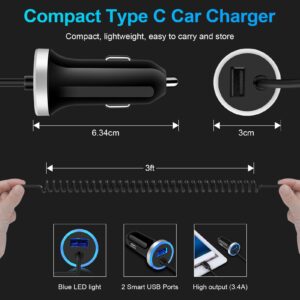 Android Car Charger Type C Cigarette Lighter Adapter with USB C Coiled Fast Charging Cable for Samsung Galaxy A15/A14 5G/A54/A53 5G/A23/A13/A03S/Z Flip 5 4/Z Fold 5 4/A12/A32/A51/S24/S23/S22/S21/S20