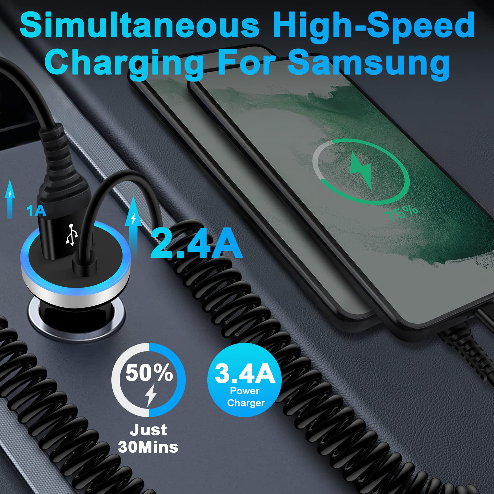Android Car Charger Type C Cigarette Lighter Adapter with USB C Coiled Fast Charging Cable for Samsung Galaxy A15/A14 5G/A54/A53 5G/A23/A13/A03S/Z Flip 5 4/Z Fold 5 4/A12/A32/A51/S24/S23/S22/S21/S20
