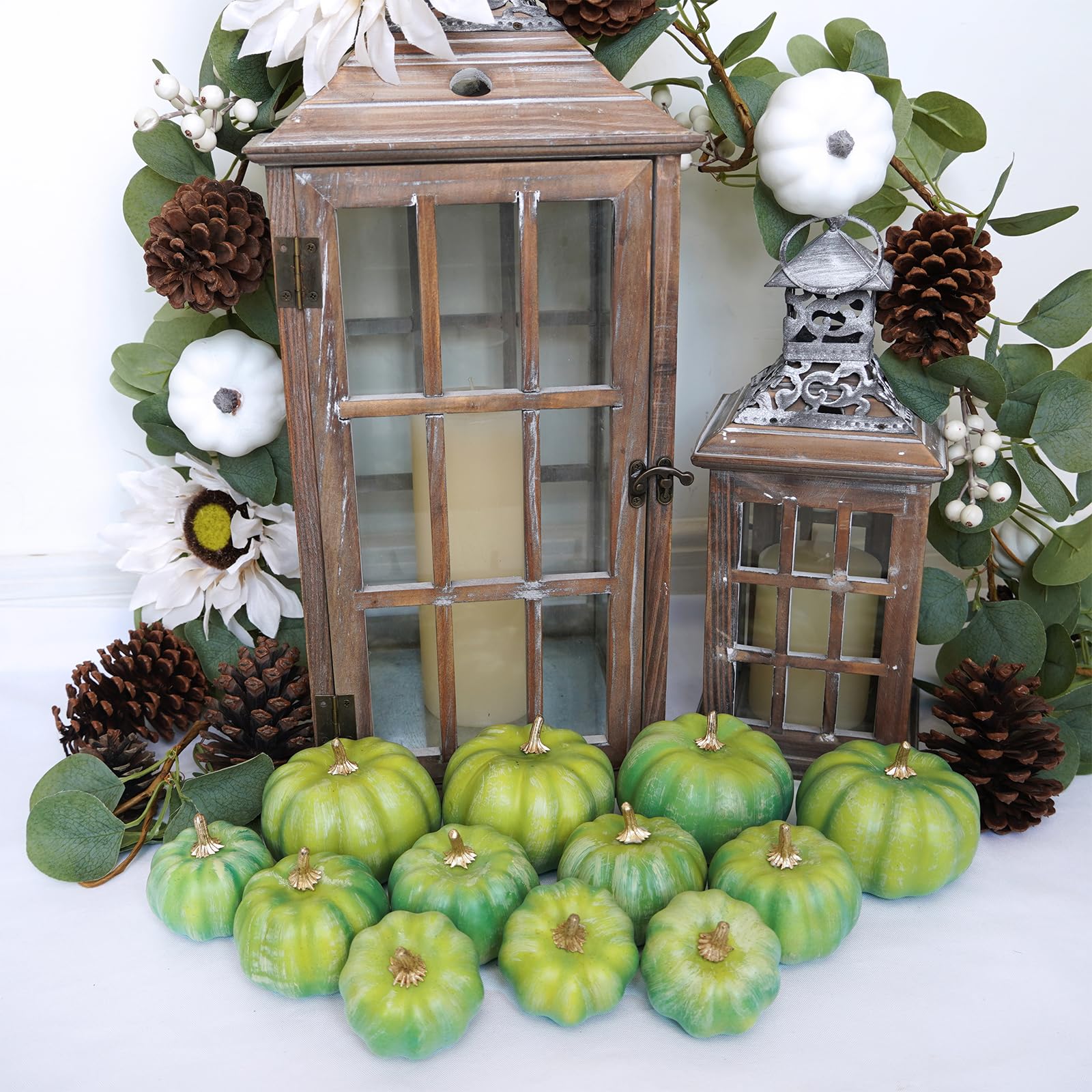 12 Pcs Assorted Small Artificial Green Pumpkins Rustic Harvest Decorative Pumpkins Foam Pumpkins for Fall Wedding Baby Shower Halloween Thanksgiving Table Centerpiece Mantel Farmhouse Décor